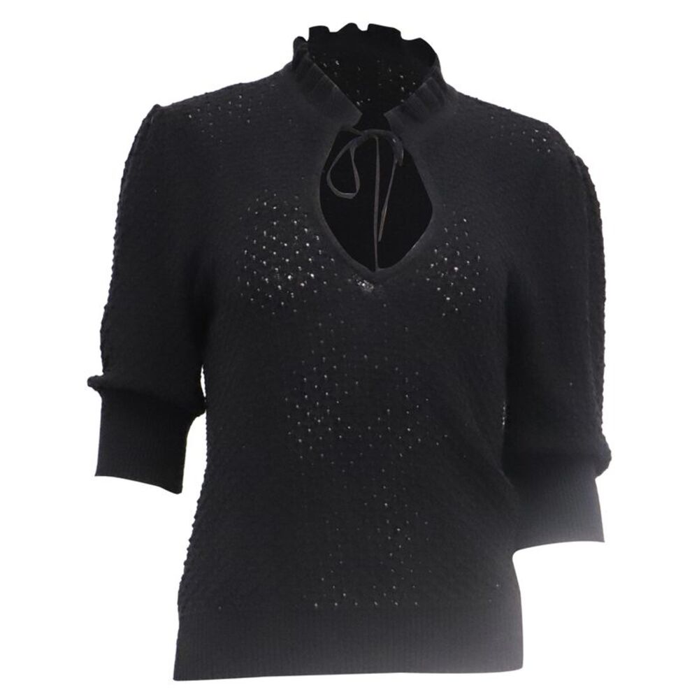 Ganni Knitted Ruffled Blouse in Black Linen